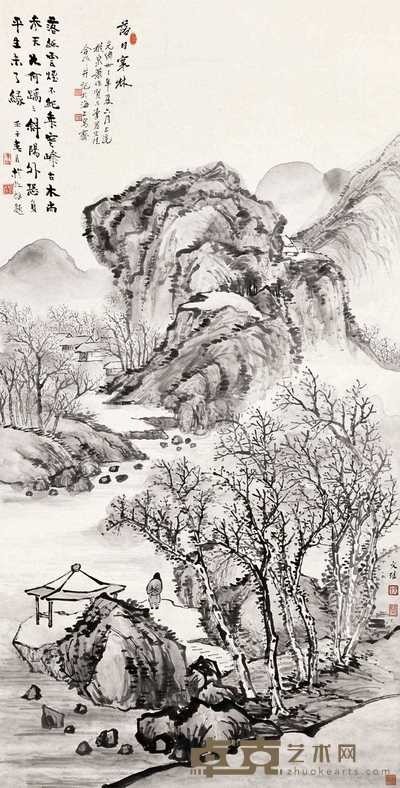 萧俊贤 李文珪 光绪三十三年（1907年）作 落日寒林 立轴 141×71.5cm